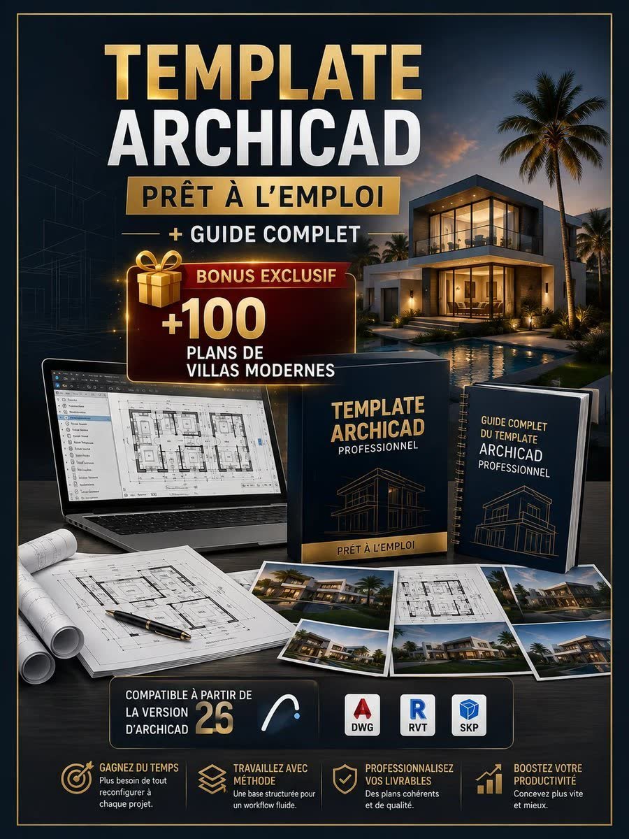 Aperçu du template ArchiCAD, du guide complet et des plans de villas modernes