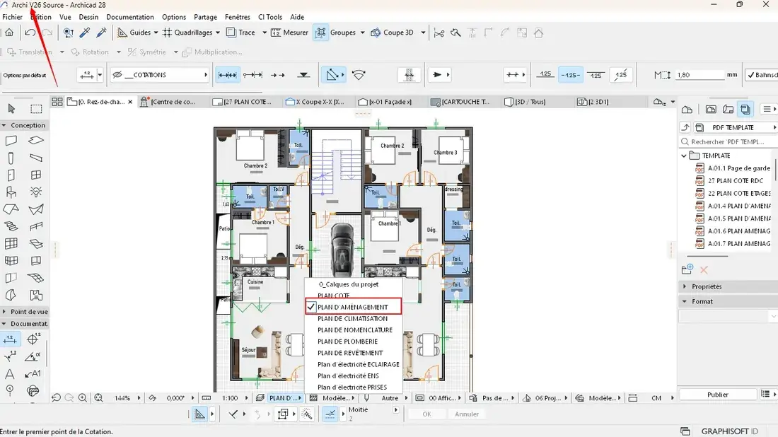Capture ARCHICAD du plan d'aménagement du template