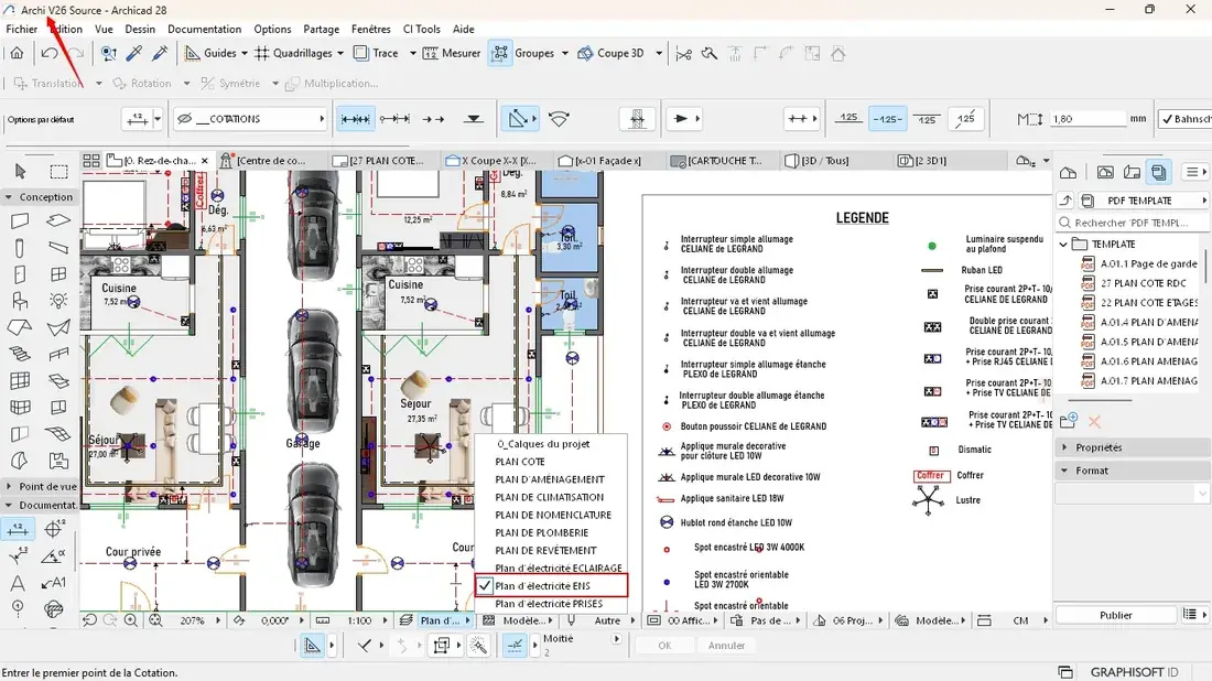 Capture ARCHICAD du plan d'électricité du template