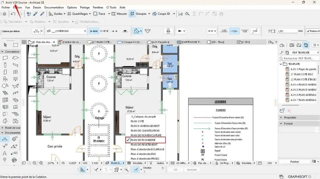 Capture ARCHICAD du plan de plomberie du template