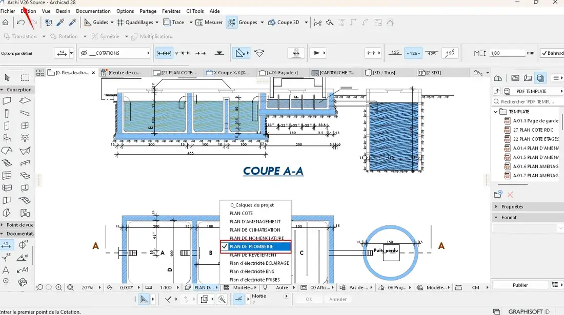 Capture ARCHICAD du plan de plomberie détaillé du template