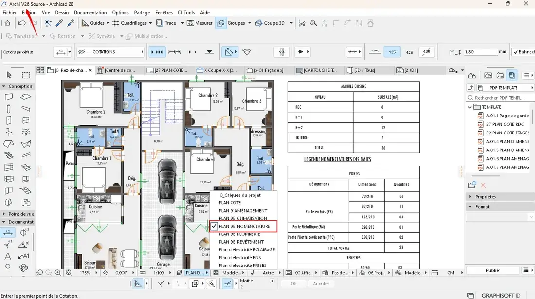 Capture ARCHICAD du plan de nomenclature du template