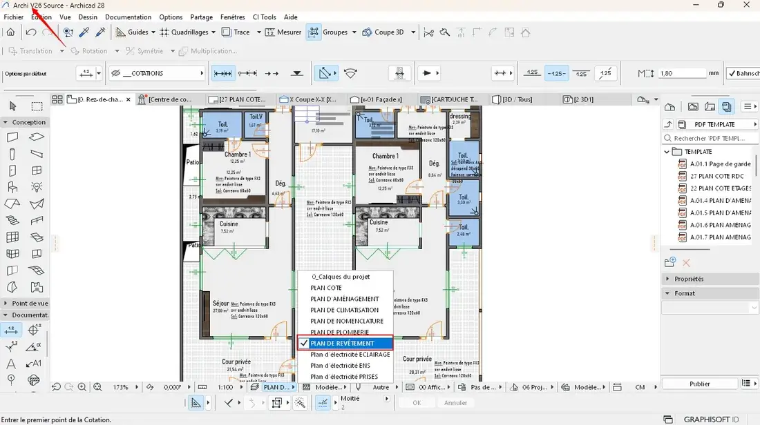 Capture ARCHICAD du plan de revêtement du template