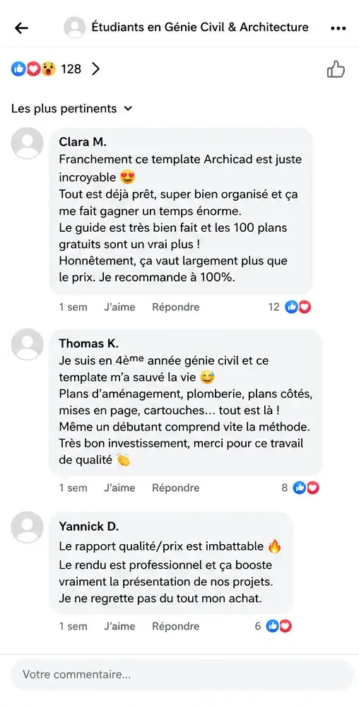 Avis Facebook d'étudiants en génie civil et architecture sur le template ArchiCAD