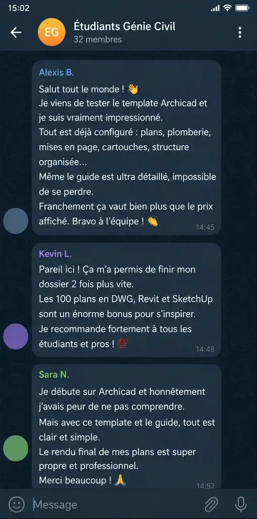 Avis Telegram d'étudiants en génie civil au sujet du template ArchiCAD