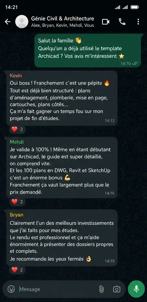 Avis WhatsApp d'un groupe génie civil et architecture au sujet du template ArchiCAD