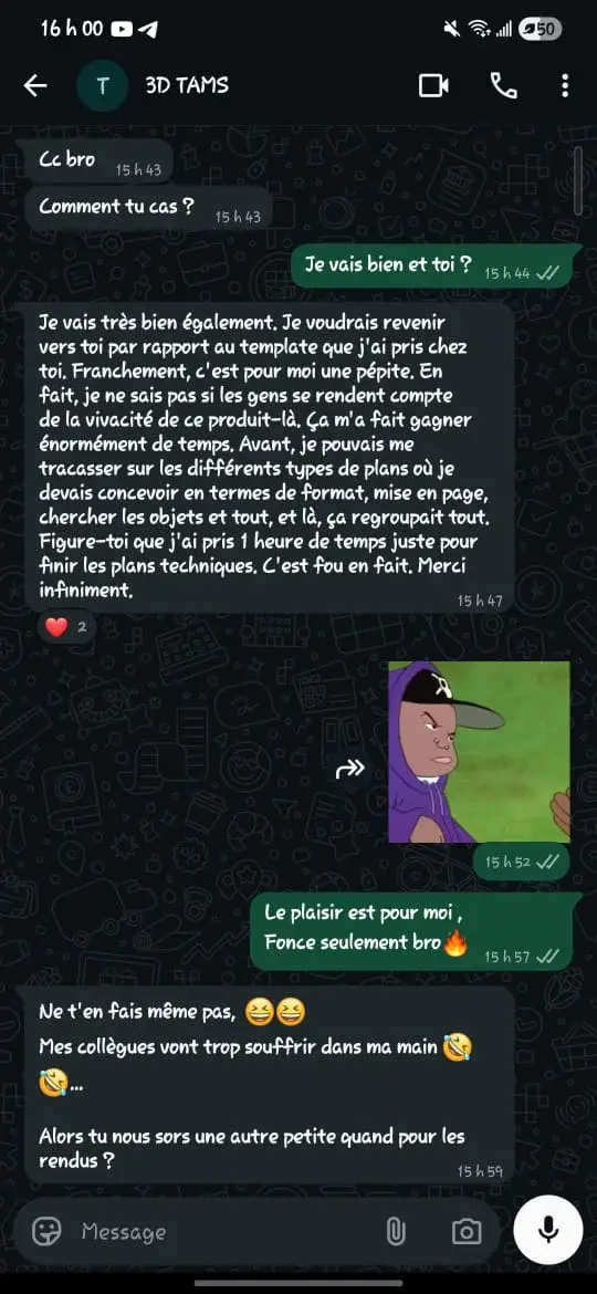 Avis client par message WhatsApp au sujet du template ArchiCAD