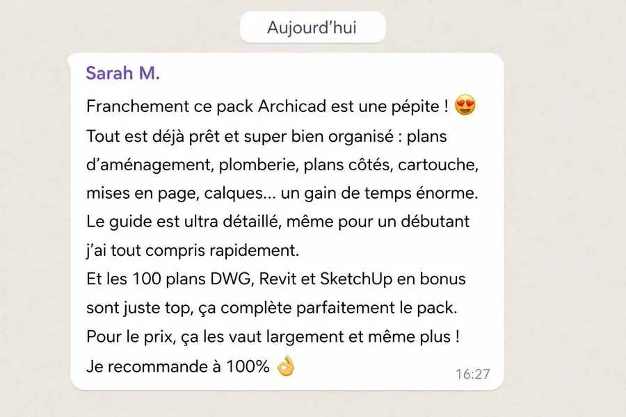Avis WhatsApp de Sarah M. sur le pack template ArchiCAD
