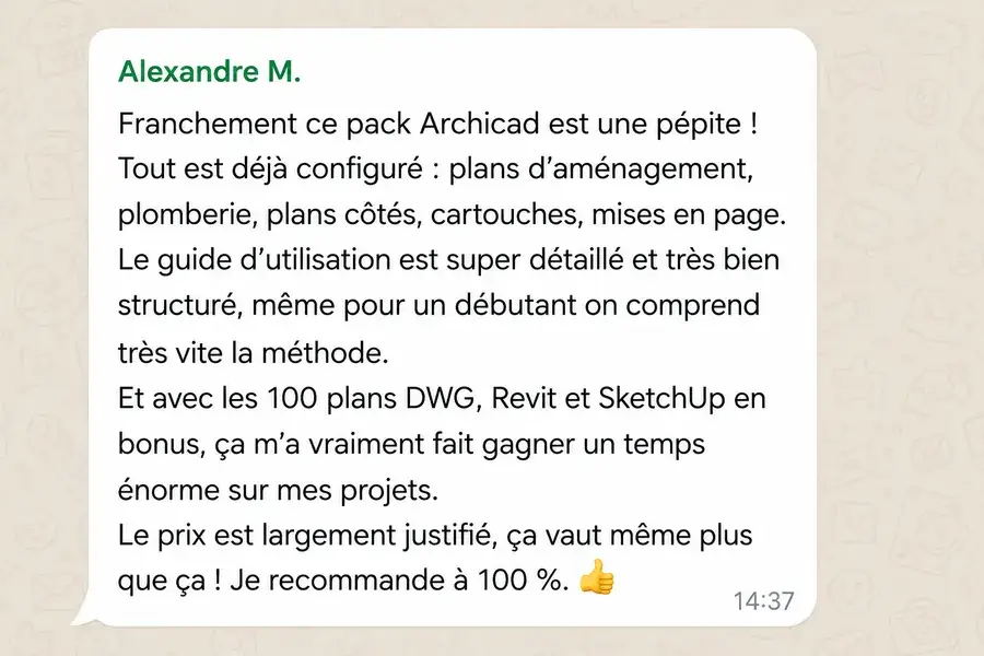 Avis WhatsApp d'Alexandre M. sur le pack template ArchiCAD