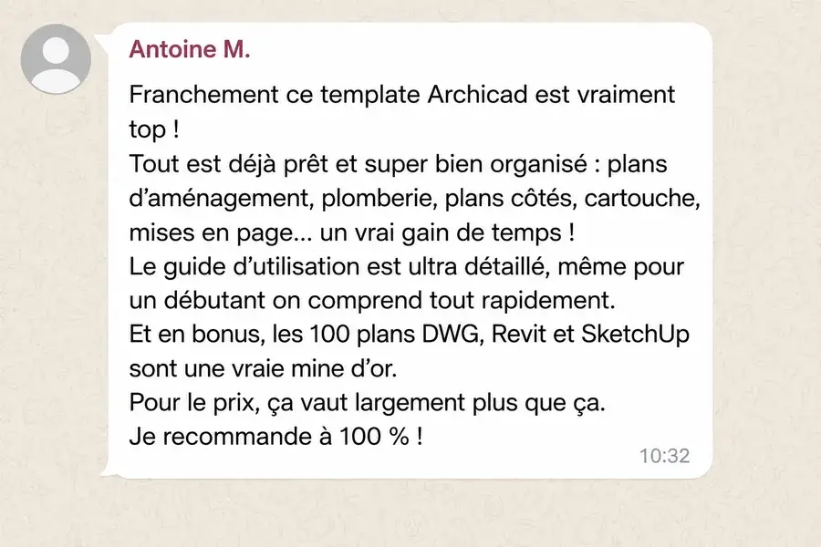 Avis WhatsApp d'Antoine M. sur le template ArchiCAD